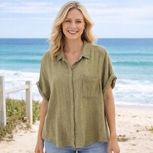 Cloth & Stone Plaid Short Sleeve Button-Up Shirt Color Willow Tree Coastal XL